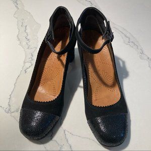 CHIE  MIHARA Sz 39 Sparkly Round Toe Cap Suede Chunky Heel Shoes